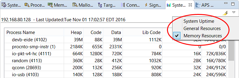 Screenshot of System Resources view with Memory Resources selected in dropdown in upper right corner