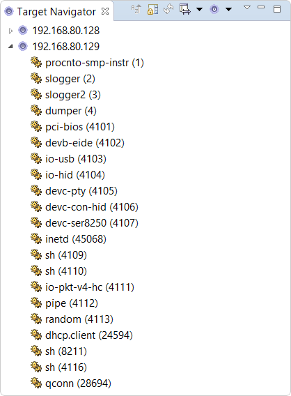 Screenshot of Target Navigator showing list of processes on a connected target