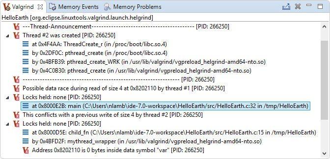 Screenshot of Valgrind view showing information about conflicting accesses in data races between threads