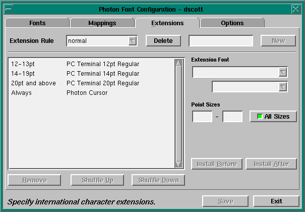 Extensions configuration dialog